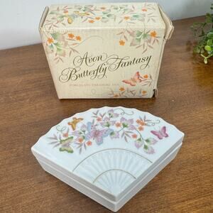 Avon Butterfly Fantasy Fan-Shaped Trinket Box with Lid Porcelain 1980